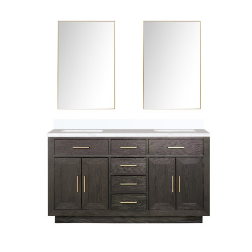 Lexora Abbey 60 inch W Brown Oak Double Sink Vanity Cabinet, Cultured Marble Top, and 28 in Mirrors - LVA60DK310