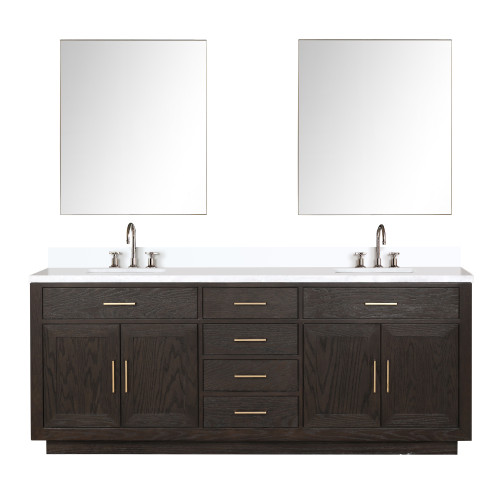 Lexora Abbey 84 inch W Brown Oak Double Sink Vanity Cabinet, White Quartz Top, Faucet Set, and 36 in Mirrors - LVA84DK211 Lexora Abbey 84 inch W Brown Oak Double Sink Vanity Cabinet, White Quartz Top, Faucet Set, and 36 in Mirrors - LVA84DK211