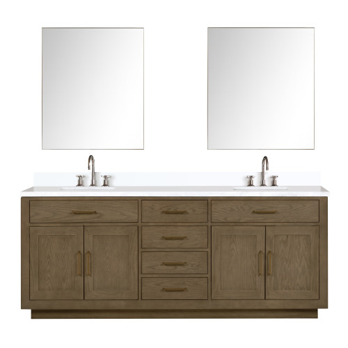 Lexora Abbey 84 inch W Grey Oak Double Sink Vanity Cabinet, Cultured Marble Top, Faucet Set, and 36 in Mirrors - LVA84DR311