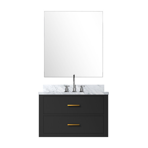 Lexora Castor 30 inch W Black Single Bath Wall Hung Vanity Cabinet Carrara Marble Countertop, 28 in Mirror and Faucet Set - LVC30SL111
