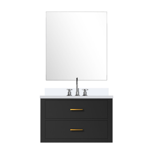 Lexora Castor 30 inch W Black Single Bath Wall Hung Vanity Cabinet Cultured Marble Countertop, 28 in Mirror and Faucet Set - LVC30SL311