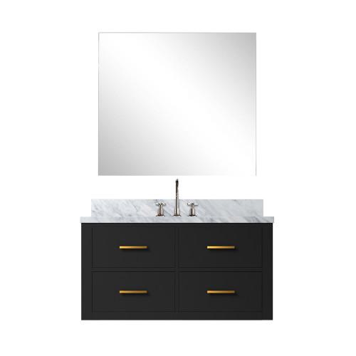Lexora Castor 36 inch W Black Single Bath Wall Hung Vanity Cabinet Carrara Marble Countertop, 34 in Mirror and Faucet Set - LVC36SL111