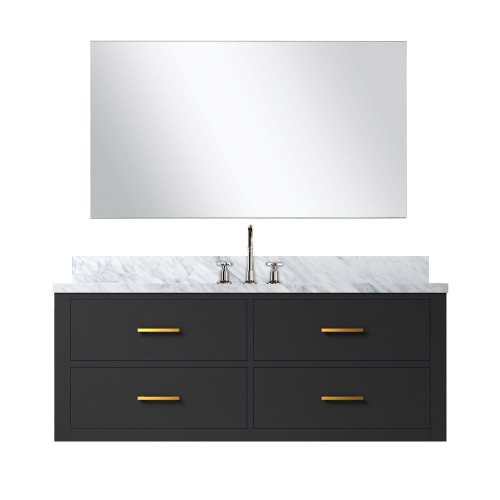 Lexora Castor 48 inch W Black Single Bath Wall Hung Vanity Cabinet Carrara Marble Countertop, 43 in Mirror and Faucet Set - LVC48SL111