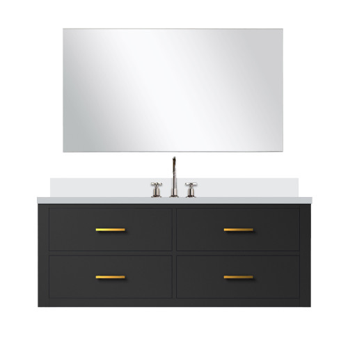 Lexora Castor 48 inch W Black Single Bath Wall Hung Vanity Cabinet White Quartz Countertop, 43 in Mirror and Faucet Set - LVC48SL211