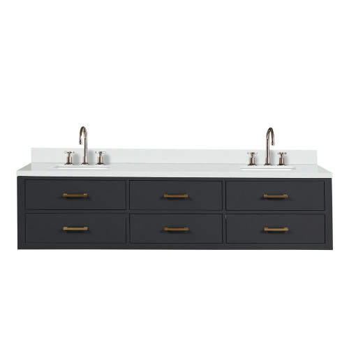 Lexora Castor 80 inch W Black Double Sink Wall Hung Vanity Cabinet, Cultured Marble Top, and Faucet Set - LVC80DL301