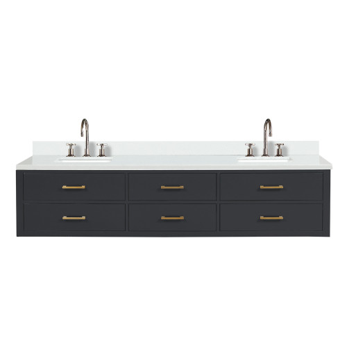 Lexora Castor 84 inch W Black Double Sink Wall Hung Vanity Cabinet, Cultured Marble Top, and Faucet Set - LVC84DL301