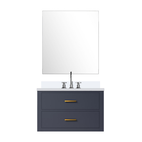 Lexora Castor 30 inch W Blue Single Bath Wall Hung Vanity Cabinet White Quartz Countertop, 28 in Mirror and Faucet Set - LVC30SE211