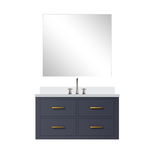 Lexora Castor 36 inch W Blue Single Bath Wall Hung Vanity Cabinet White Quartz Countertop, 34 in Mirror and Faucet Set - LVC36SE211