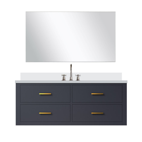 Lexora Castor 48 inch W Blue Single Bath Wall Hung Vanity Cabinet White Quartz Countertop, 43 in Mirror and Faucet Set - LVC48SE211