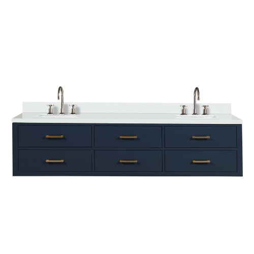 Lexora Castor 80 inch W Blue Double Sink Wall Hung Vanity Cabinet, White Quartz Top, and Faucet Set - LVC80DE201