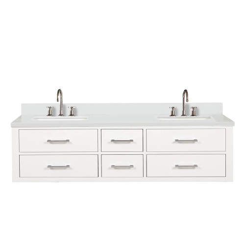 Lexora Castor 72 inch W White Double Sink Wall Hung Vanity Cabinet, White Quartz Top, and Faucet Set - LVC72DA201