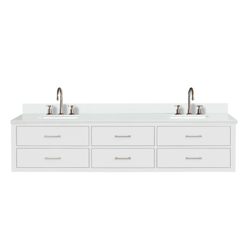 Lexora Castor 84 inch W White Double Sink Wall Hung Vanity Cabinet, White Quartz Top, and Faucet Set - LVC84DA201