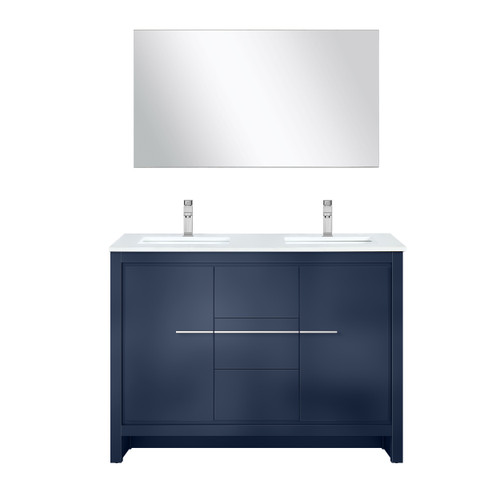 Lexora Lafarre 48 inch W x 20 in D Navy Blue Double Sink Vanity Cabinet, White Quartz Top, Chrome Faucet Set and 43 in Mirror - LVLF48DNB211