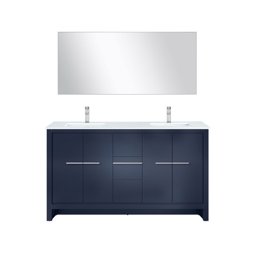 Lexora Lafarre 60 inch W x 20 in D Navy Blue Double Sink Vanity Cabinet, White Quartz Top, Chrome Faucet Set and 55 in Mirror - LVLF60DNB211