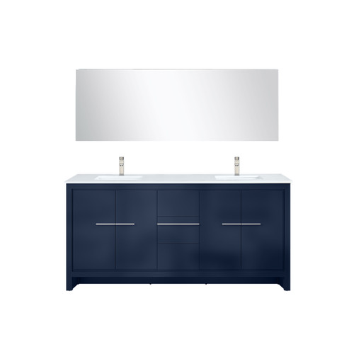 Lexora Lafarre 72 inch W x 20 in D Navy Blue Double Sink Vanity Cabinet, White Quartz Top, Brushed Nickel Faucet Set and 70 in Mirror - LVLF72DNB212