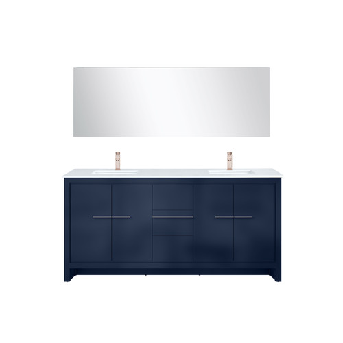Lexora Lafarre 72 inch W x 20 in D Navy Blue Double Sink Vanity Cabinet, White Quartz Top, Rose Gold Faucet Set and 70 in Mirror - LVLF72DNB214