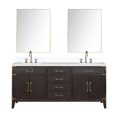 Lexora Laurel 72 inch W Brown Oak Double Sink Vanity Cabinet, White Quartz Top, Faucet Set, and 34 in Mirrors - LVL72DK211