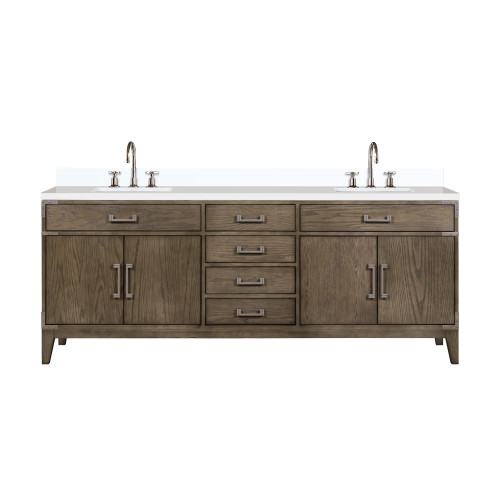 Lexora Laurel 84 inch W Grey Oak Double Sink Vanity Cabinet, White Quartz Top, and Faucet Set - LVL84DR201