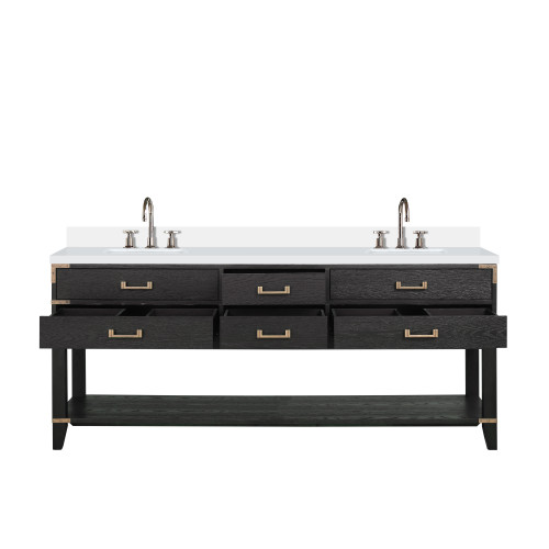 Lexora Norwalk 80 inch W Black Oak Double Sink Vanity Cabinet, Cultured Marble Top, and Faucet Set - LVN80DJ301