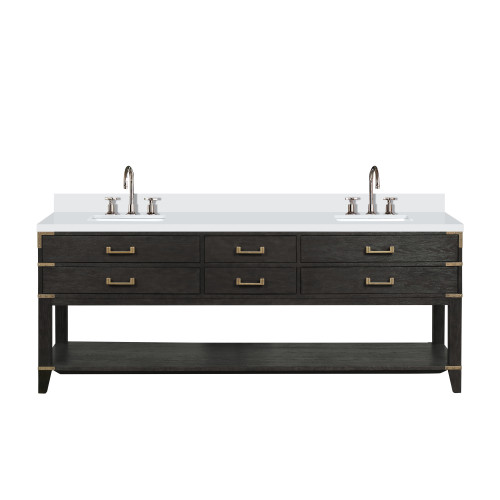 Lexora Norwalk 84 inch W Black Oak Double Sink Vanity Cabinet, White Quartz Top, and Faucet Set - LVN84DJ201