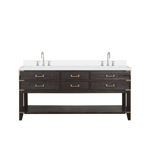 Lexora Norwalk 72 inch W Brown Oak Double Sink Vanity Cabinet, White Quartz Top, and Faucet Set - LVN72DK201