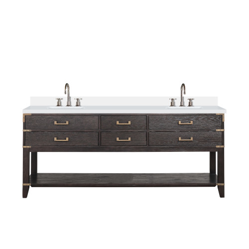 Lexora Norwalk 80 inch W Brown Oak Double Sink Vanity Cabinet, Cultured Marble Top, and Faucet Set - LVN80DK301