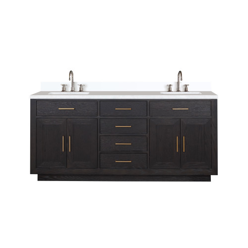 Lexora Abbey 72 inch W Black Oak Double Sink Vanity Cabinet, Cultured Marble Top, and Faucet Set - LVA72DJ301