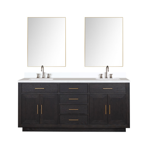 Lexora Abbey 72 inch W Black Oak Double Sink Vanity Cabinet, Cultured Marble Top, Faucet Set, and 34 in Mirrors - LVA72DJ311
