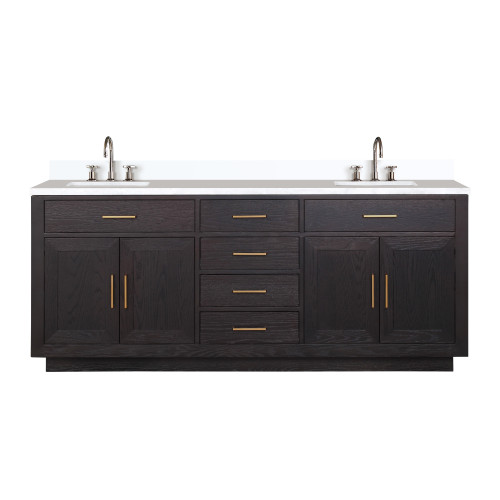 Lexora Abbey 80 inch W Black Oak Double Sink Vanity Cabinet, Cultured Marble Top, and Faucet Set - LVA80DJ301