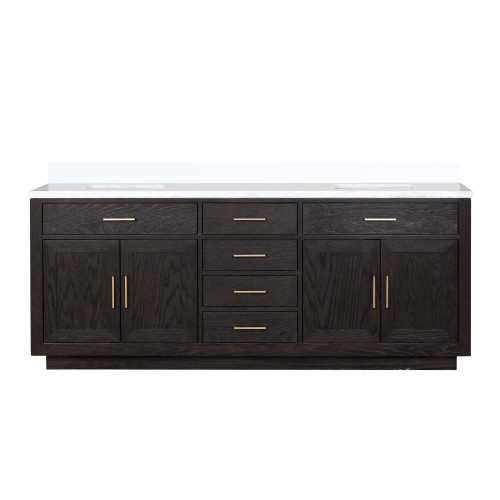 Lexora Abbey 84 inch W Black Oak Double Sink Vanity Cabinet and White Quartz Top - LVA84DJ200