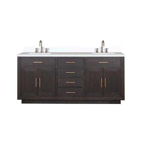 Lexora Abbey 72 inch W Brown Oak Double Sink Vanity Cabinet, Cultured Marble Top, and Faucet Set - LVA72DK301