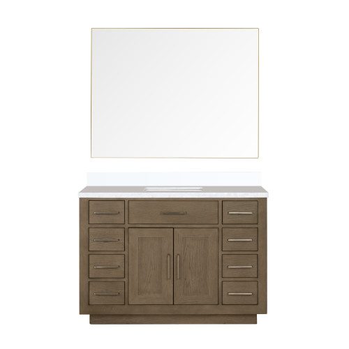 Lexora Abbey 48 inch W Grey Oak Vanity Cabinet, White Quartz Top, and 46 in Mirror - LVA48SR210
