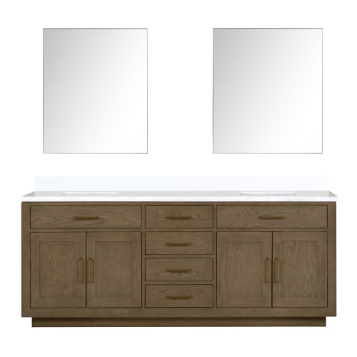Lexora Abbey 84 inch W Grey Oak Double Sink Vanity Cabinet, White Quartz Top, and 36 in Mirrors - LVA84DR210