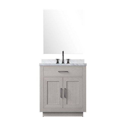 Lexora Abbey 30 inch W White Oak Vanity Cabinet Carrara Marble Countertop, 28 in Mirror and Faucet Set - LVA30SM111