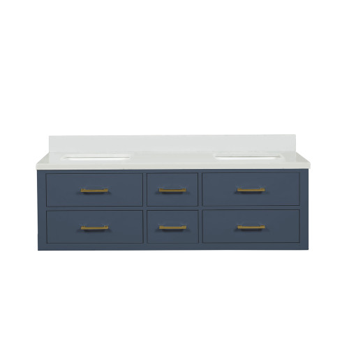 Lexora Castor 60 inch W Blue Double Sink Wall Hung Vanity Cabinet and White Quartz Top - LVC60DE200