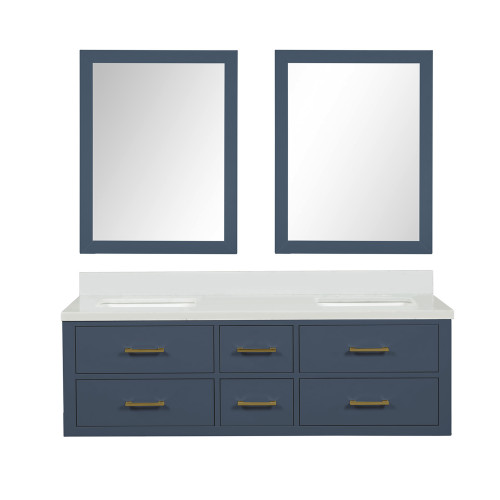 Lexora Castor 60 inch W Blue Double Sink Wall Hung Vanity Cabinet, Cultured Marble Top, and 28 in Mirrors - LVC60DE310