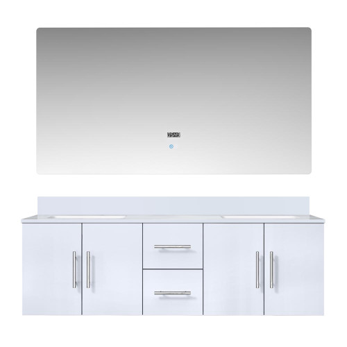 Lexora Geneva 60 in. W Glossy White Wall Mount Double Sink Vanity Cabinet, White Quartz Top, and 60 in. LED Mirror - LVG60DM210