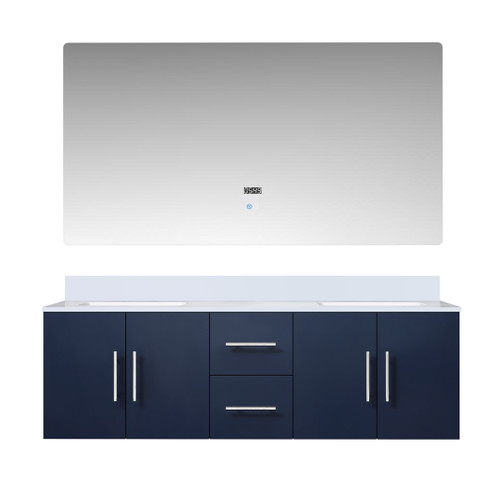 Lexora Geneva 60 in. W Navy Blue Wall Mount Double Sink Vanity Cabinet, White Quartz Top, and 60 in. LED Mirror - LVG60DE210