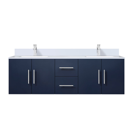 Lexora Geneva 60 in. W Navy Blue Wall Mount Double Sink Vanity Cabinet, Cultured Marble Top, and Faucet Set - LVG60DE301