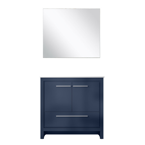 Lexora Lafarre 36 inch W x 20 in D Navy Blue Bath Vanity Cabinet, White Quartz Top and 28 in Mirror - LVLF36SNB210