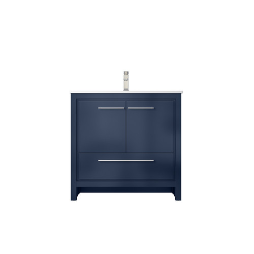 Lexora Lafarre 36 inch W x 20 in D Navy Blue Bath Vanity Cabinet, Cultured Marble Top and Brushed Nickel Faucet Set - LVLF36SNB302