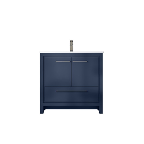 Lexora Lafarre 36 inch W x 20 in D Navy Blue Bath Vanity Cabinet, Cultured Marble Top and Gun Metal Faucet Set - LVLF36SNB303
