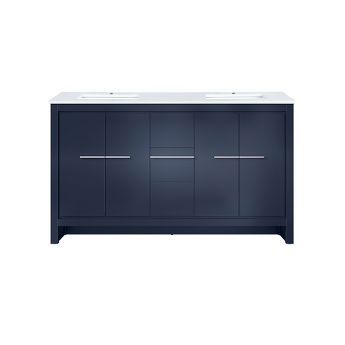 Lexora Lafarre 60 inch W x 20 in D Navy Blue Double Sink Vanity Cabinet and White Quartz Top - LVLF60DNB200