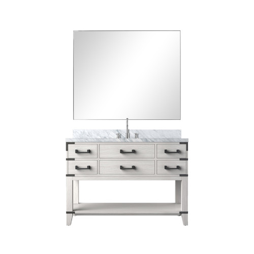 Lexora Norwalk 48 inch W White Oak Vanity Cabinet, Carrara Marble Top, Faucet Set, and 46 in Mirror - LVN48SM111