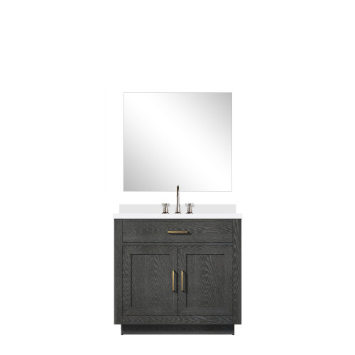 Lexora Abbey 36 inch W Black Oak Vanity Cabinet Cultured Marble Countertop, 34 in Mirror and Faucet Set - LVA36SJ311