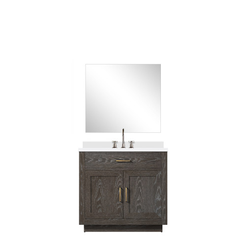 Lexora Abbey 36 inch W Brown Oak Vanity Cabinet White Quartz Countertop, 34 in Mirror and Faucet Set - LVA36SK211