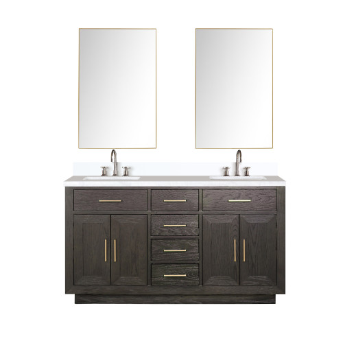 Lexora Abbey 60 inch W Brown Oak Double Sink Vanity Cabinet, White Quartz Top, Faucet Set, and 28 in Mirrors - LVA60DK211
