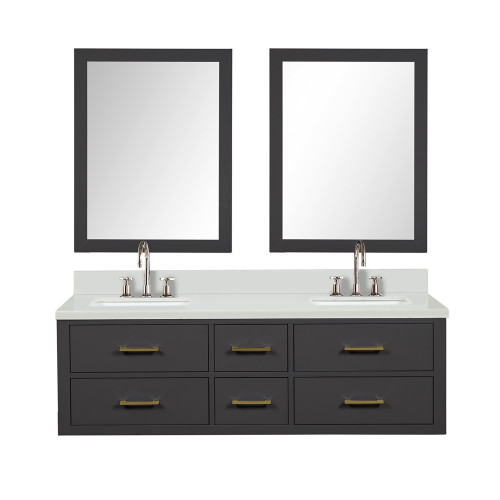 Lexora Castor 60 inch W Black Double Sink Wall Hung Vanity Cabinet, Cultured Marble Top, Faucet Set, and 28 in Mirrors - LVC60DL311