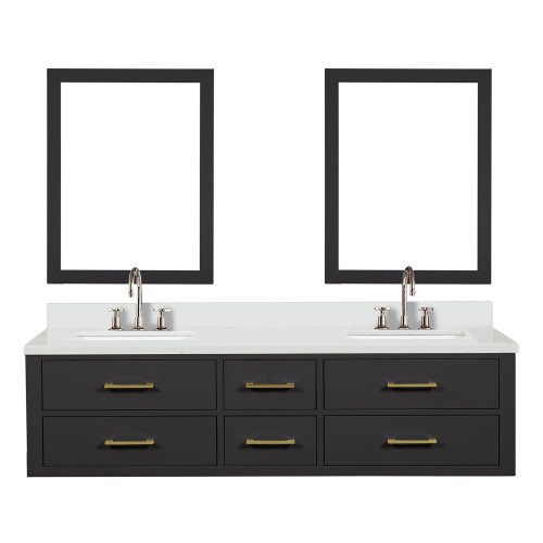 Lexora Castor 72 inch W Black Double Sink Wall Hung Vanity Cabinet, Cultured Marble Top, Faucet Set, and 34 in Mirrors - LVC72DL311