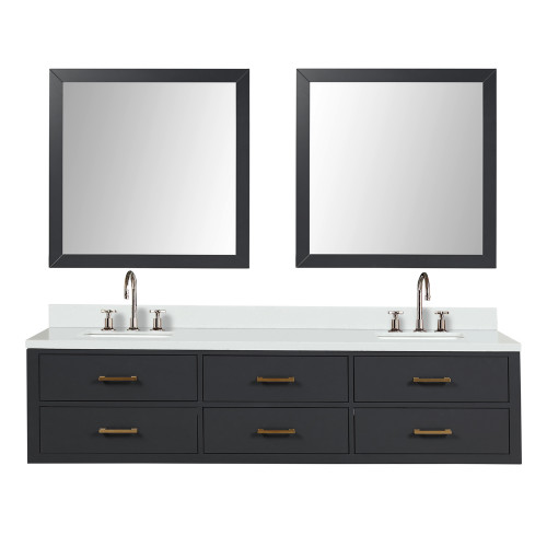 Lexora Castor 80 inch W Black Double Sink Wall Hung Vanity Cabinet, Cultured Marble Top, Faucet Set, and 36 in Mirrors - LVC80DL311